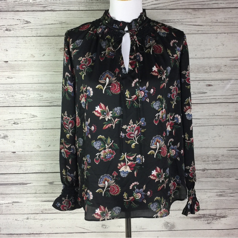 Ann Taylor Multicolor Floral Ruffle Keyhole Tie Stretch Blouse